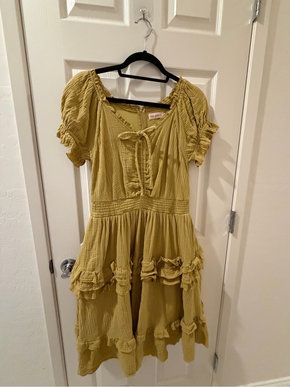 Ivy City Co Olive-Mustard Ruffle Tiered Cotton Midi Dress